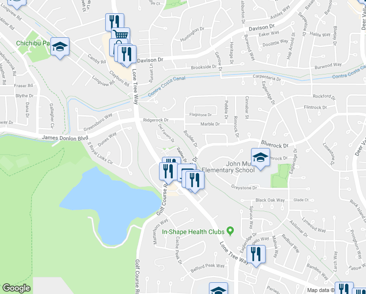 map of restaurants, bars, coffee shops, grocery stores, and more near 4302 Vagari Court in Antioch