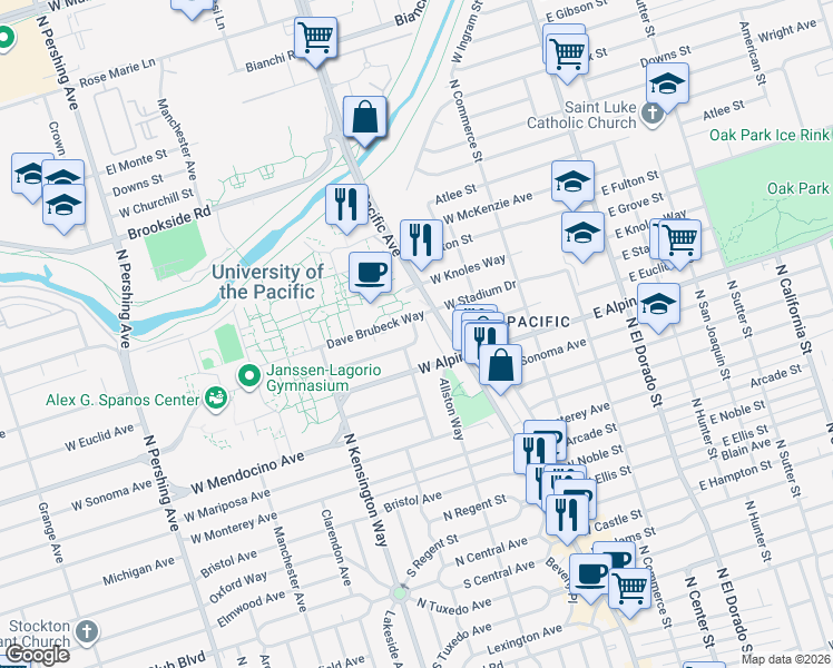 map of restaurants, bars, coffee shops, grocery stores, and more near 3435 Dwight Way in Stockton