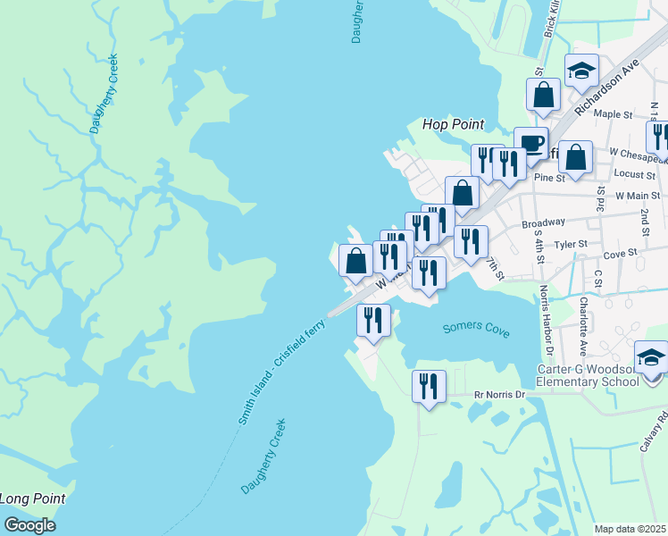 map of restaurants, bars, coffee shops, grocery stores, and more near 103 Williams Street in Crisfield