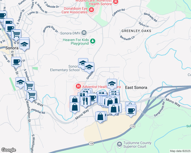map of restaurants, bars, coffee shops, grocery stores, and more near 12700 Red Maple Circle in Sonora