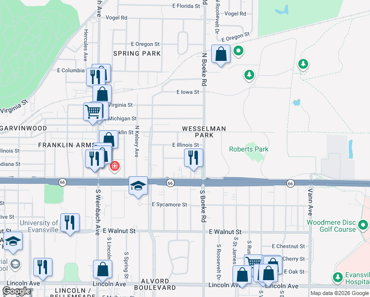 map of restaurants, bars, coffee shops, grocery stores, and more near 2306 East Indiana Street in Evansville