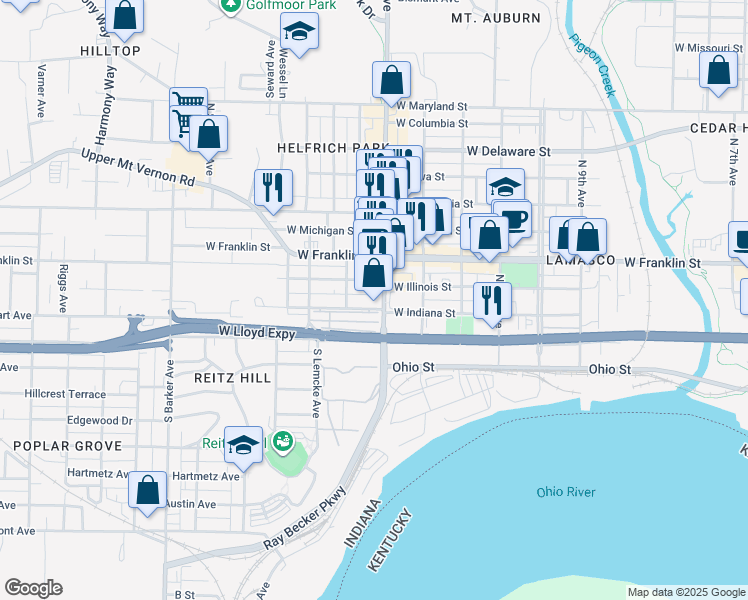 map of restaurants, bars, coffee shops, grocery stores, and more near in Evansville