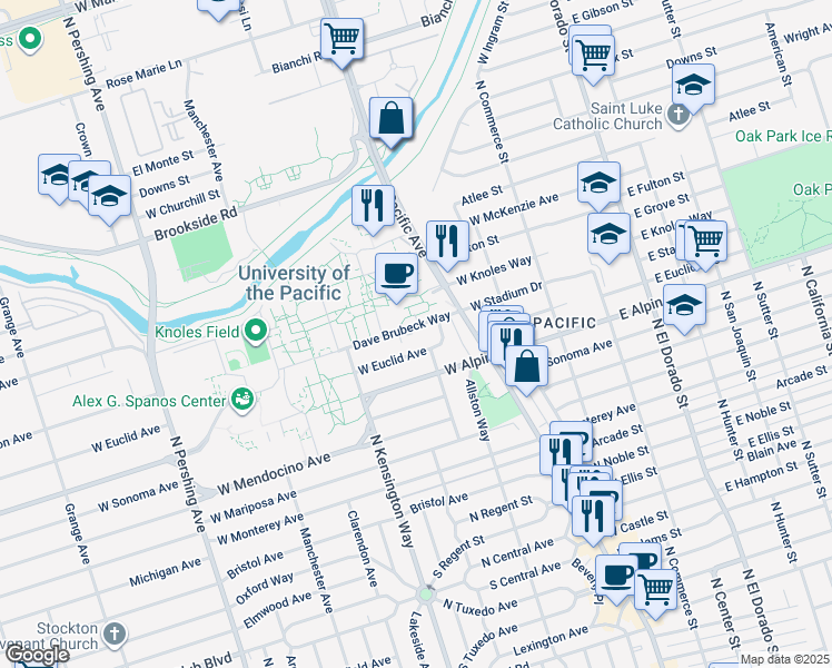 map of restaurants, bars, coffee shops, grocery stores, and more near 650 Dave Brubeck Way in Stockton