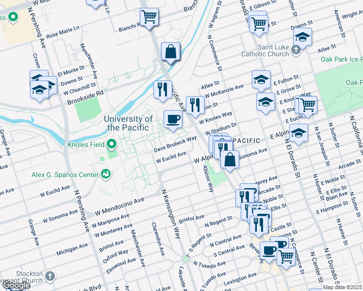 map of restaurants, bars, coffee shops, grocery stores, and more near 650 Dave Brubeck Way in Stockton