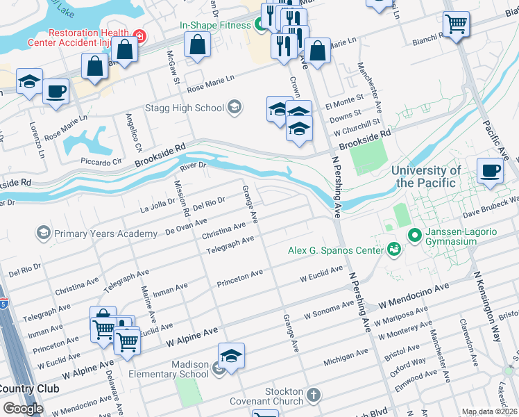 map of restaurants, bars, coffee shops, grocery stores, and more near 1646 Old Bridge Way in Stockton