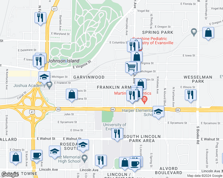 map of restaurants, bars, coffee shops, grocery stores, and more near 1727 East Illinois Street in Evansville