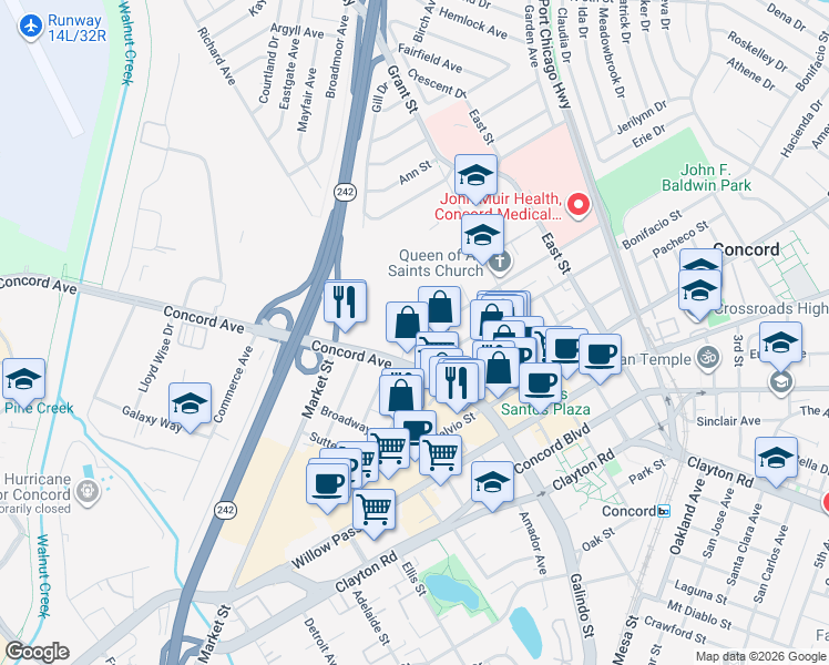 map of restaurants, bars, coffee shops, grocery stores, and more near 1965 Bonifacio Street in Concord