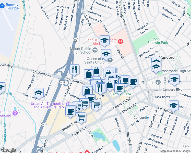 map of restaurants, bars, coffee shops, grocery stores, and more near 1965 Bonifacio Street in Concord
