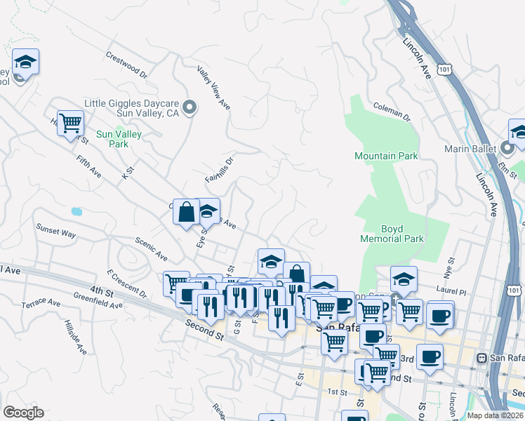 map of restaurants, bars, coffee shops, grocery stores, and more near 15 Quarry Road in San Rafael