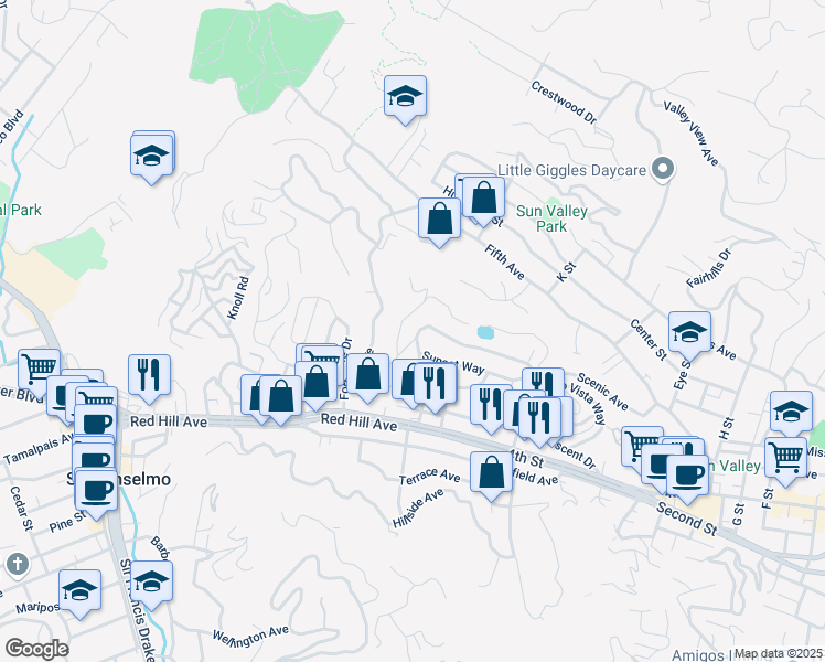 map of restaurants, bars, coffee shops, grocery stores, and more near 205 Santa Margarita in San Rafael