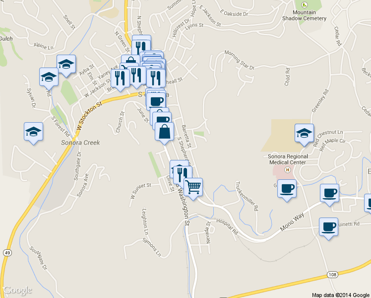 map of restaurants, bars, coffee shops, grocery stores, and more near 100 Livingston Street in Sonora