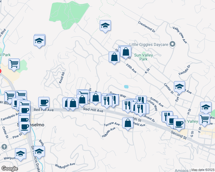 map of restaurants, bars, coffee shops, grocery stores, and more near 205 Santa Margarita in San Rafael