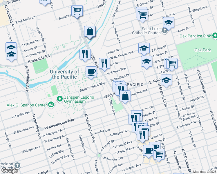 map of restaurants, bars, coffee shops, grocery stores, and more near 507 West Alpine Avenue in Stockton