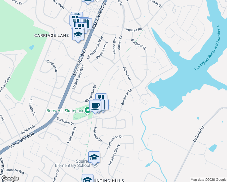 map of restaurants, bars, coffee shops, grocery stores, and more near 1301 Little Pigeon Court in Lexington