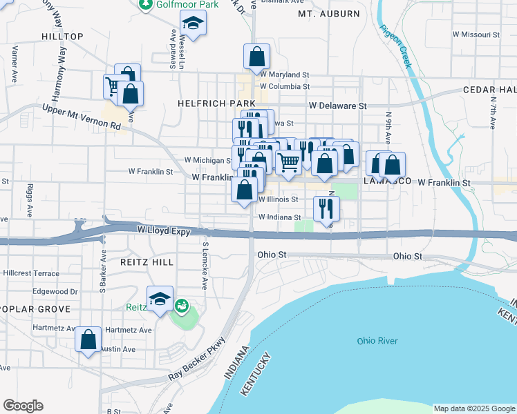 map of restaurants, bars, coffee shops, grocery stores, and more near 2320 West Illinois Street in Evansville