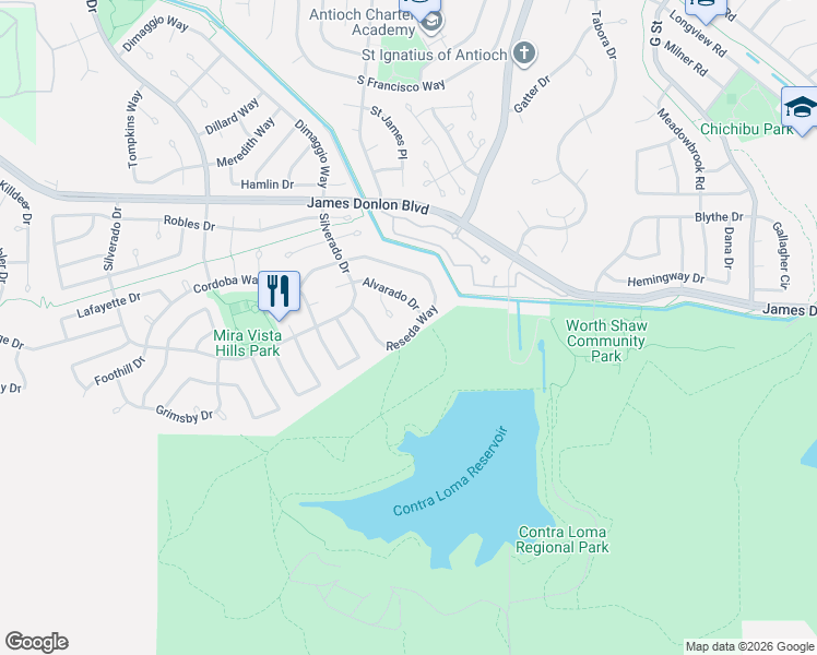 map of restaurants, bars, coffee shops, grocery stores, and more near 2108 Reseda Way in Antioch