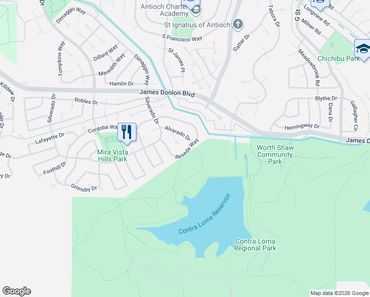 map of restaurants, bars, coffee shops, grocery stores, and more near 2108 Reseda Way in Antioch