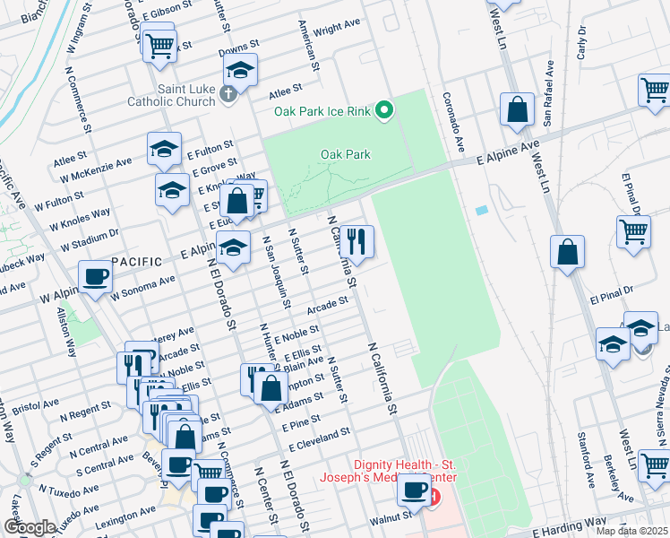 map of restaurants, bars, coffee shops, grocery stores, and more near 436 East Mariposa Avenue in Stockton