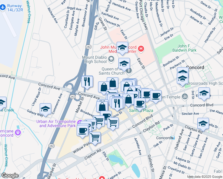 map of restaurants, bars, coffee shops, grocery stores, and more near 1965 Bonifacio Street in Concord