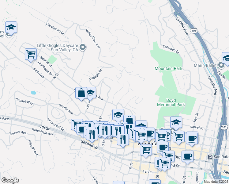 map of restaurants, bars, coffee shops, grocery stores, and more near 15 Quarry Road in San Rafael