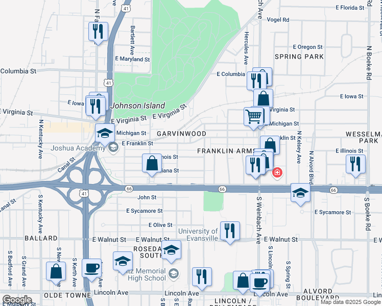 map of restaurants, bars, coffee shops, grocery stores, and more near 1616 East Indiana Street in Evansville