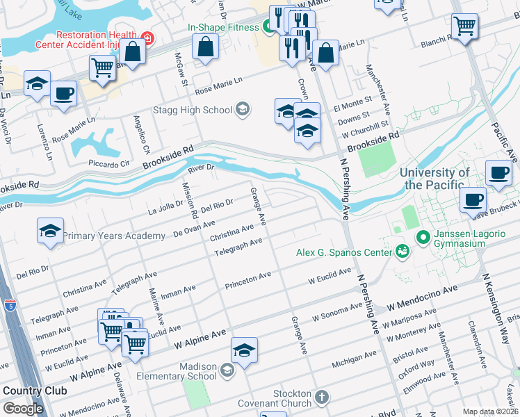map of restaurants, bars, coffee shops, grocery stores, and more near De Ovan Avenue & Grange Avenue in Stockton