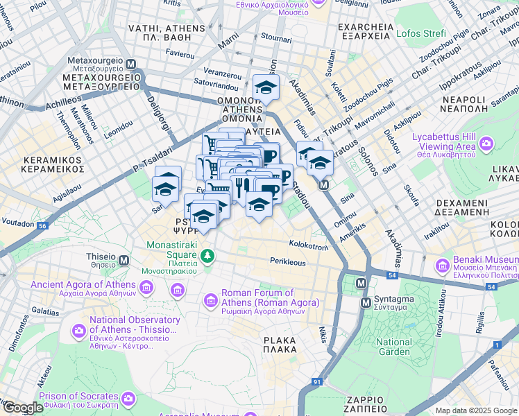 map of restaurants, bars, coffee shops, grocery stores, and more near in Athina