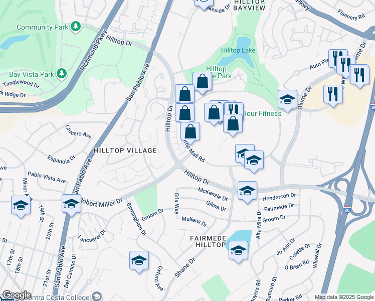 map of restaurants, bars, coffee shops, grocery stores, and more near 2892 Hilltop Mall Road in Richmond