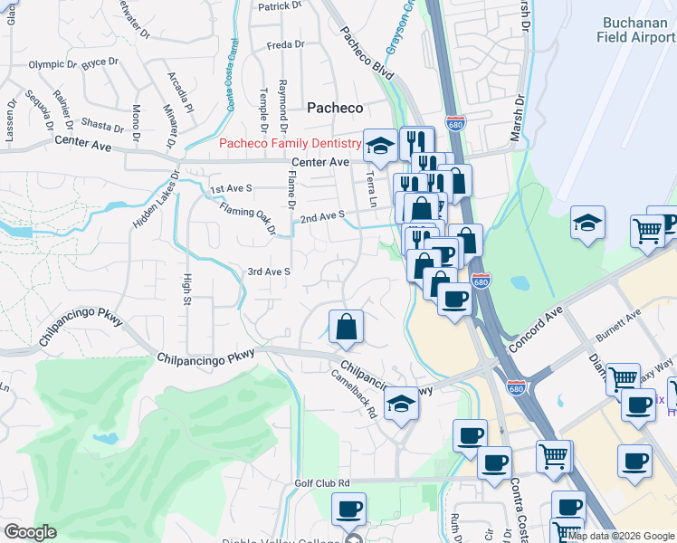 map of restaurants, bars, coffee shops, grocery stores, and more near 8131 Camelback Place in Pleasant Hill