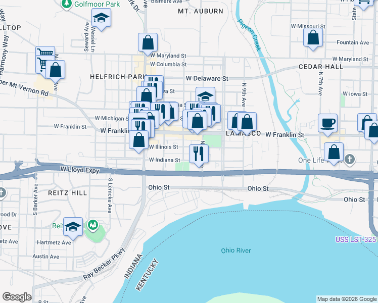 map of restaurants, bars, coffee shops, grocery stores, and more near 2122 West Illinois Street in Evansville