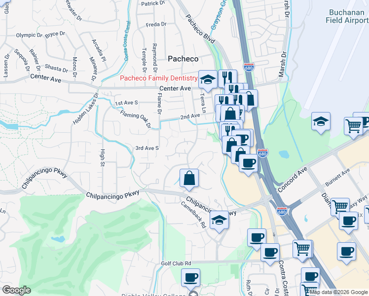 map of restaurants, bars, coffee shops, grocery stores, and more near 825 Camelback Place in Pleasant Hill
