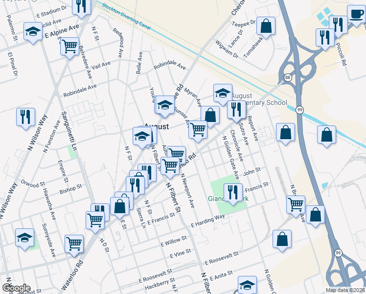 map of restaurants, bars, coffee shops, grocery stores, and more near 1971 Sunset Avenue in Stockton
