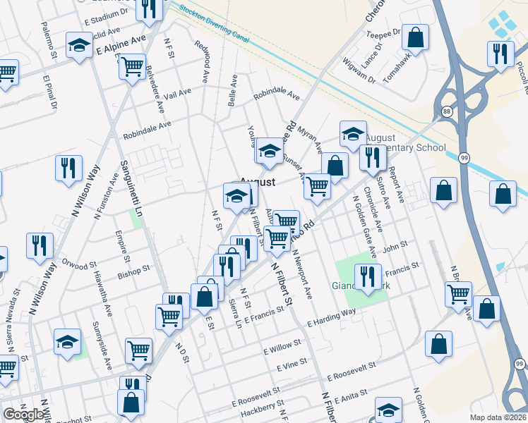 map of restaurants, bars, coffee shops, grocery stores, and more near 1972 Auto Avenue in Stockton