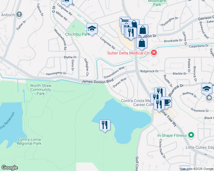 map of restaurants, bars, coffee shops, grocery stores, and more near 95 Greensboro Way in Antioch