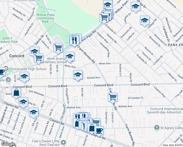 map of restaurants, bars, coffee shops, grocery stores, and more near 3455 Euclid Avenue in Concord