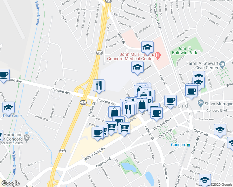 map of restaurants, bars, coffee shops, grocery stores, and more near 2311 Galindo Street in Concord