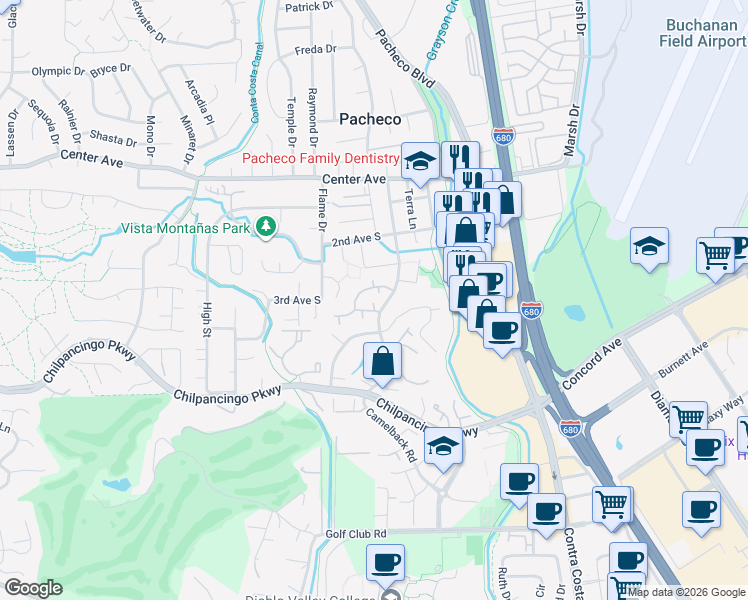 map of restaurants, bars, coffee shops, grocery stores, and more near 825 Camelback Place in Pleasant Hill
