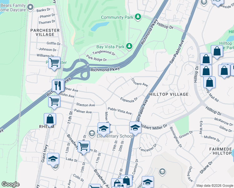 map of restaurants, bars, coffee shops, grocery stores, and more near 10 Hildalgo Court in San Pablo