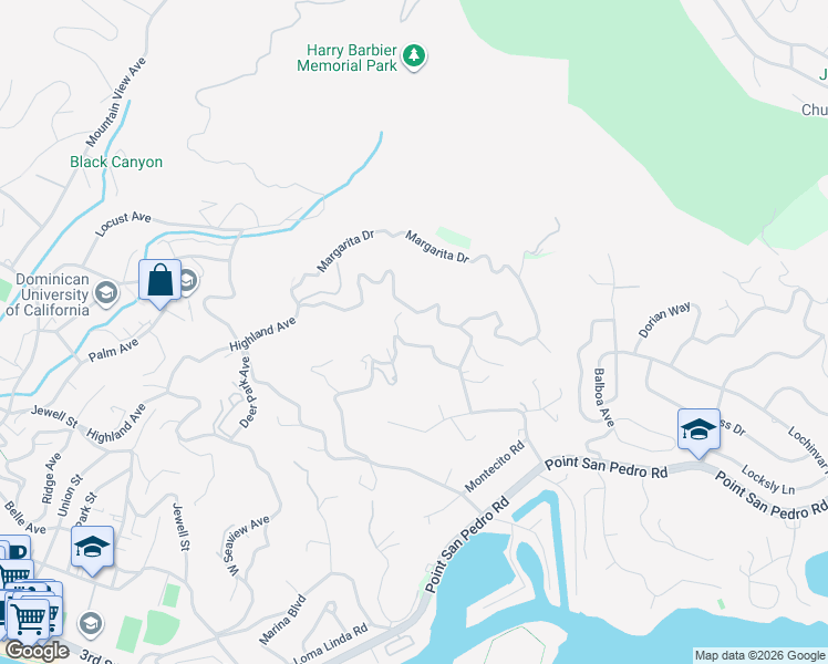 map of restaurants, bars, coffee shops, grocery stores, and more near 375 Highland Avenue in San Rafael