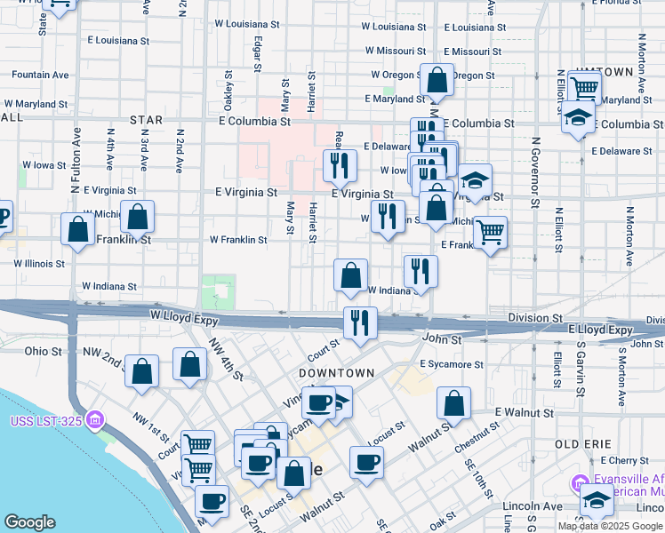map of restaurants, bars, coffee shops, grocery stores, and more near 218 Read Street in Evansville