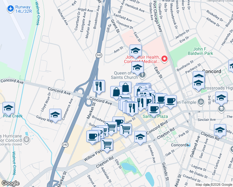 map of restaurants, bars, coffee shops, grocery stores, and more near 1975 Bonifacio Street in Concord