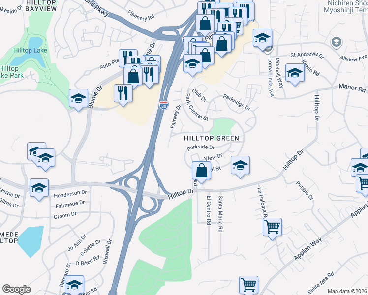 map of restaurants, bars, coffee shops, grocery stores, and more near 965 Parkside Drive in Richmond