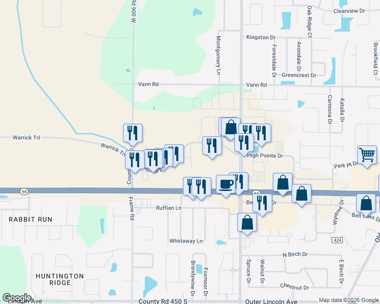 map of restaurants, bars, coffee shops, grocery stores, and more near 8706 High Pointe Drive in Newburgh