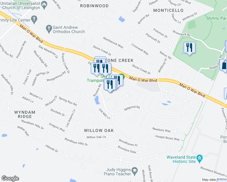 map of restaurants, bars, coffee shops, grocery stores, and more near 3650 Boston Road in Lexington