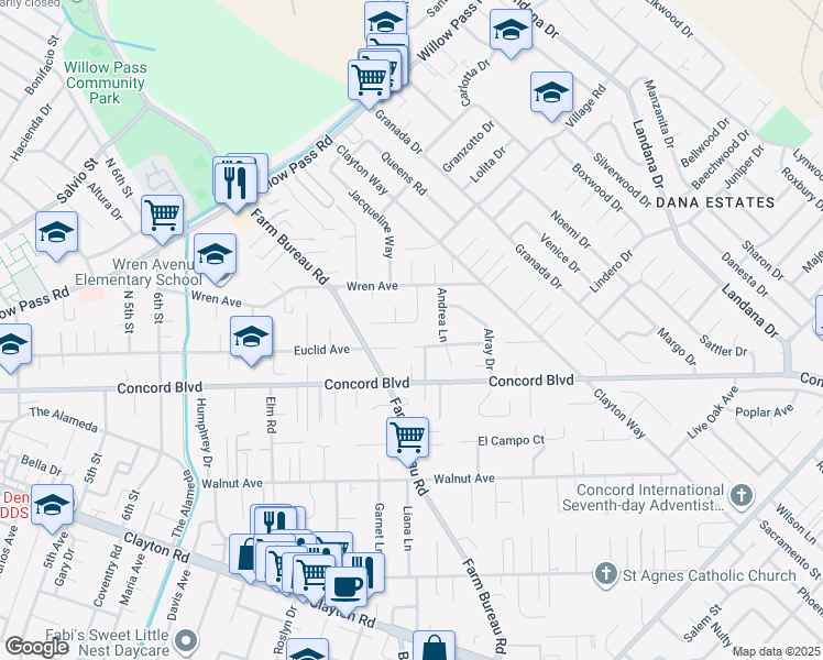 map of restaurants, bars, coffee shops, grocery stores, and more near 1832 Baldwin Drive in Concord
