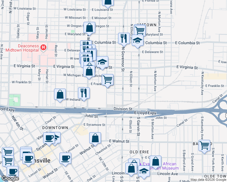 map of restaurants, bars, coffee shops, grocery stores, and more near 311 East Franklin Street in Evansville