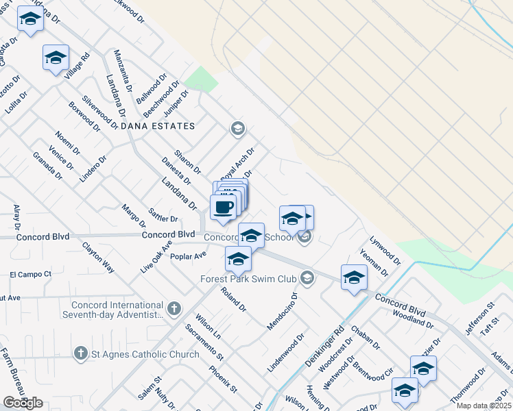 map of restaurants, bars, coffee shops, grocery stores, and more near 1736 Sapling Court in Concord