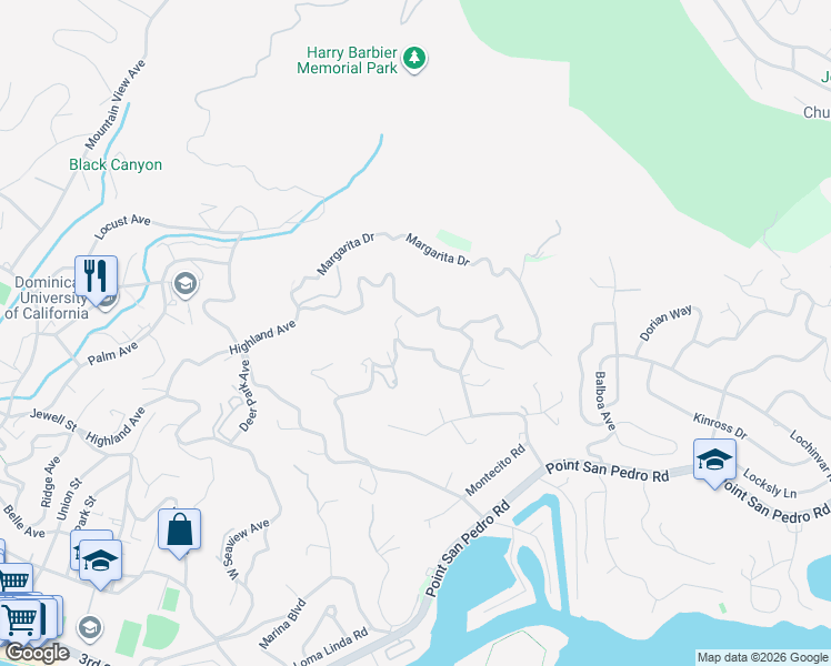 map of restaurants, bars, coffee shops, grocery stores, and more near 375 Highland Avenue in San Rafael