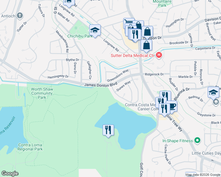 map of restaurants, bars, coffee shops, grocery stores, and more near 4161 South Royal Links Circle in Antioch