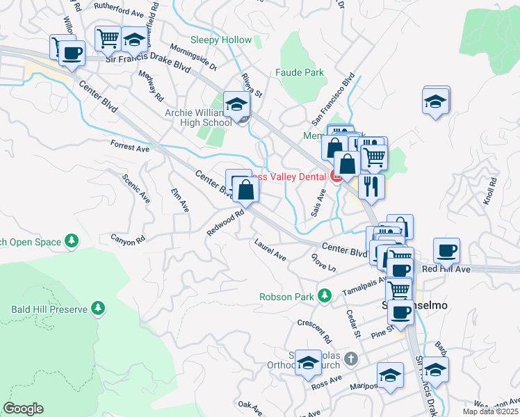 map of restaurants, bars, coffee shops, grocery stores, and more near 110 Saunders Avenue in San Anselmo